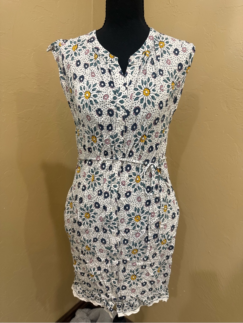 LOFT White Floral Midi Dress with Yellow & Navy Accents